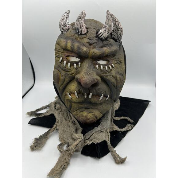 Vtg 90s Halloween Hooded Horned Ghoul Monster Mask Green Stapled Mouth - Picture 1 of 7